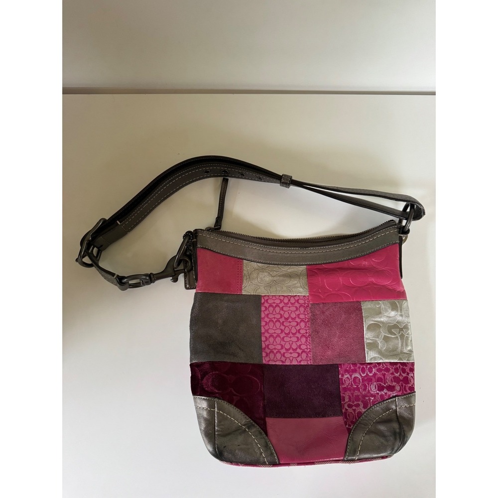 Coach Holiday Patchwork Pink Metallic Leather Shoulder Bag‎ F12868 Heart Charm